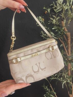 Coach Pink Signature Jacquard Wristlet with Gold Hardware